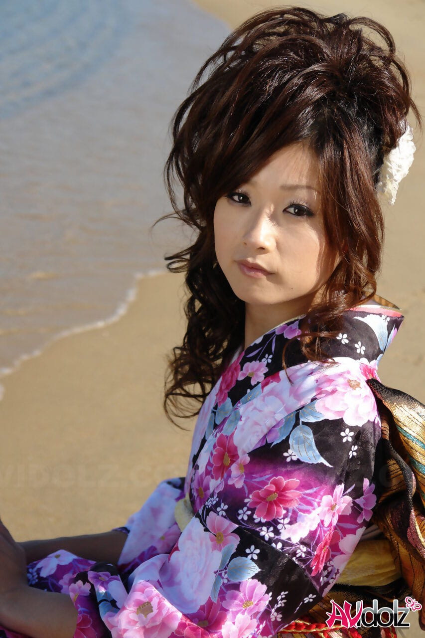 Asian model Chiaki strolls along the beach and surrounding area in a kimono page 1