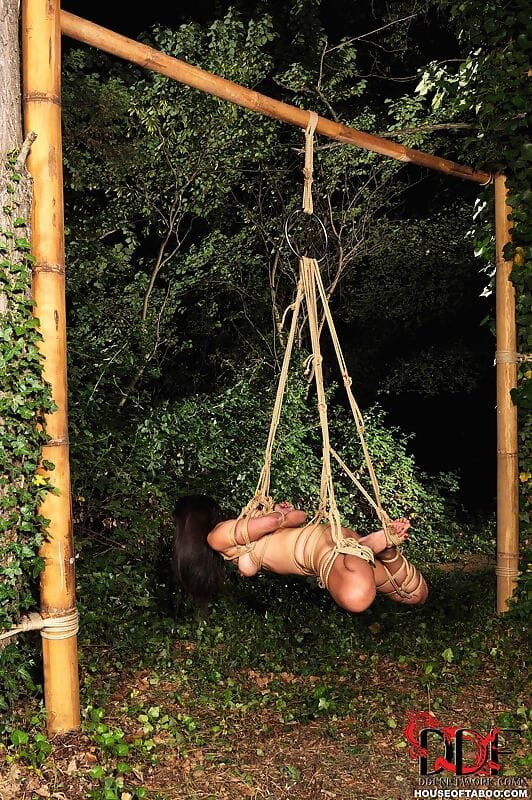 Naked Japanese chick Marica Hase is suspended by rope just outside forest path page 1