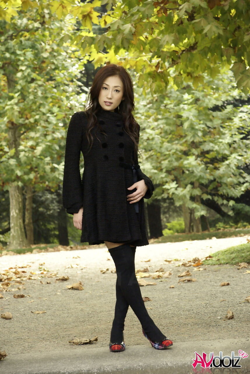 Fully clothed Japanese teen models in the park in black clothes and stockings page 1