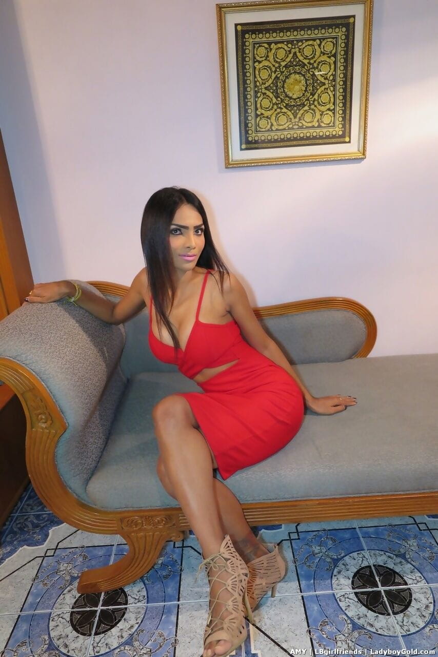 Exotic Asian transvestite Amy teasing in her tight red dress and high heels page 1