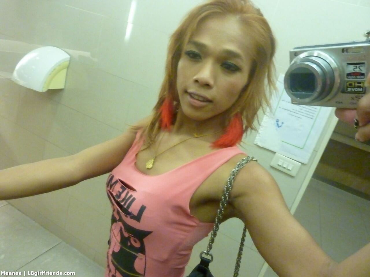 Kinky ladyboy Meenee playing with her hard dong in the public bathroom page 1