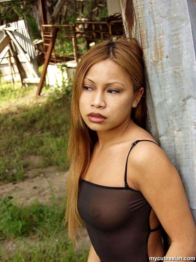 Thai girl with a pretty face releases firm tits from sheer bodysuit outside page 1