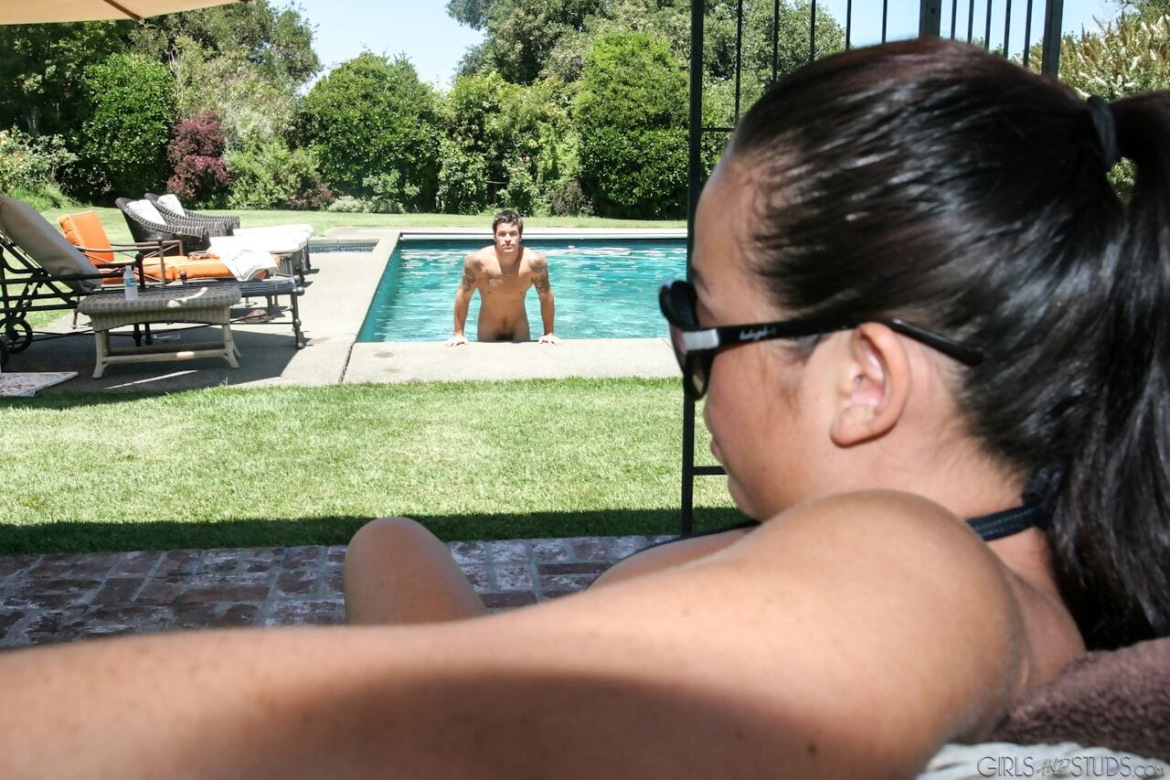 Teen Asian Mia Lelani in glasses fucking doggystye for cum on ass by pool page 1
