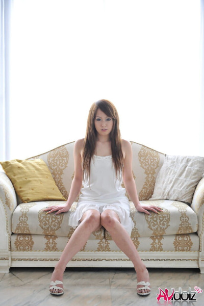 Beautiful Japanese redhead Ichika removes high heeled sandals in white dress