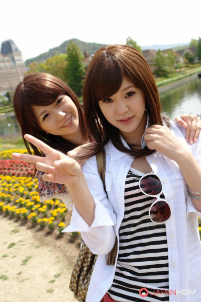 Japanese lesbians Rimu Endo & Ueno Misaki show bare legs while taking a stroll